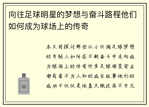 向往足球明星的梦想与奋斗路程他们如何成为球场上的传奇